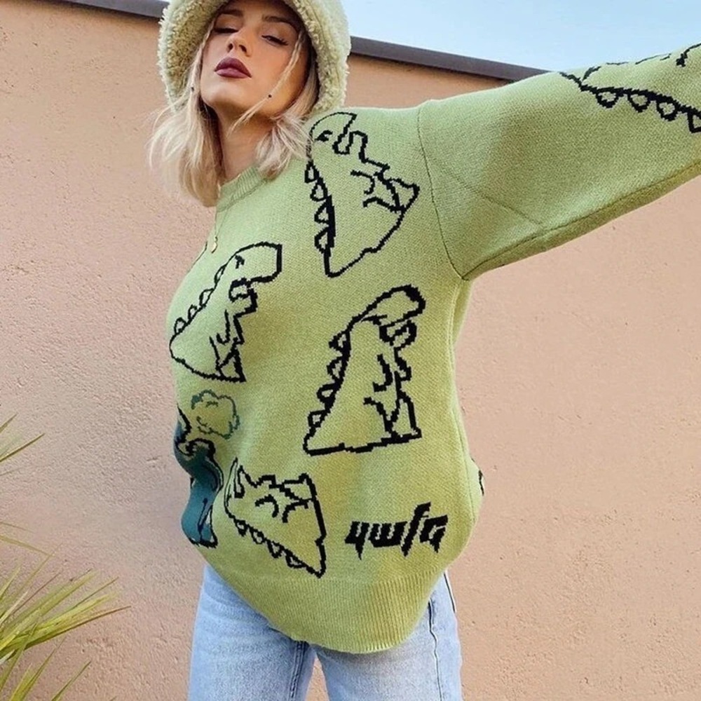 Aelfric Eden Unisex Dinosaur‎ Cartoon Knit Sweater Crew Neck Lime Green Large
